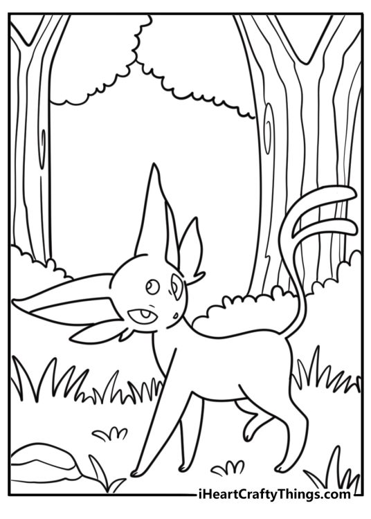 Espeon walking through a forest path free detailed coloring page