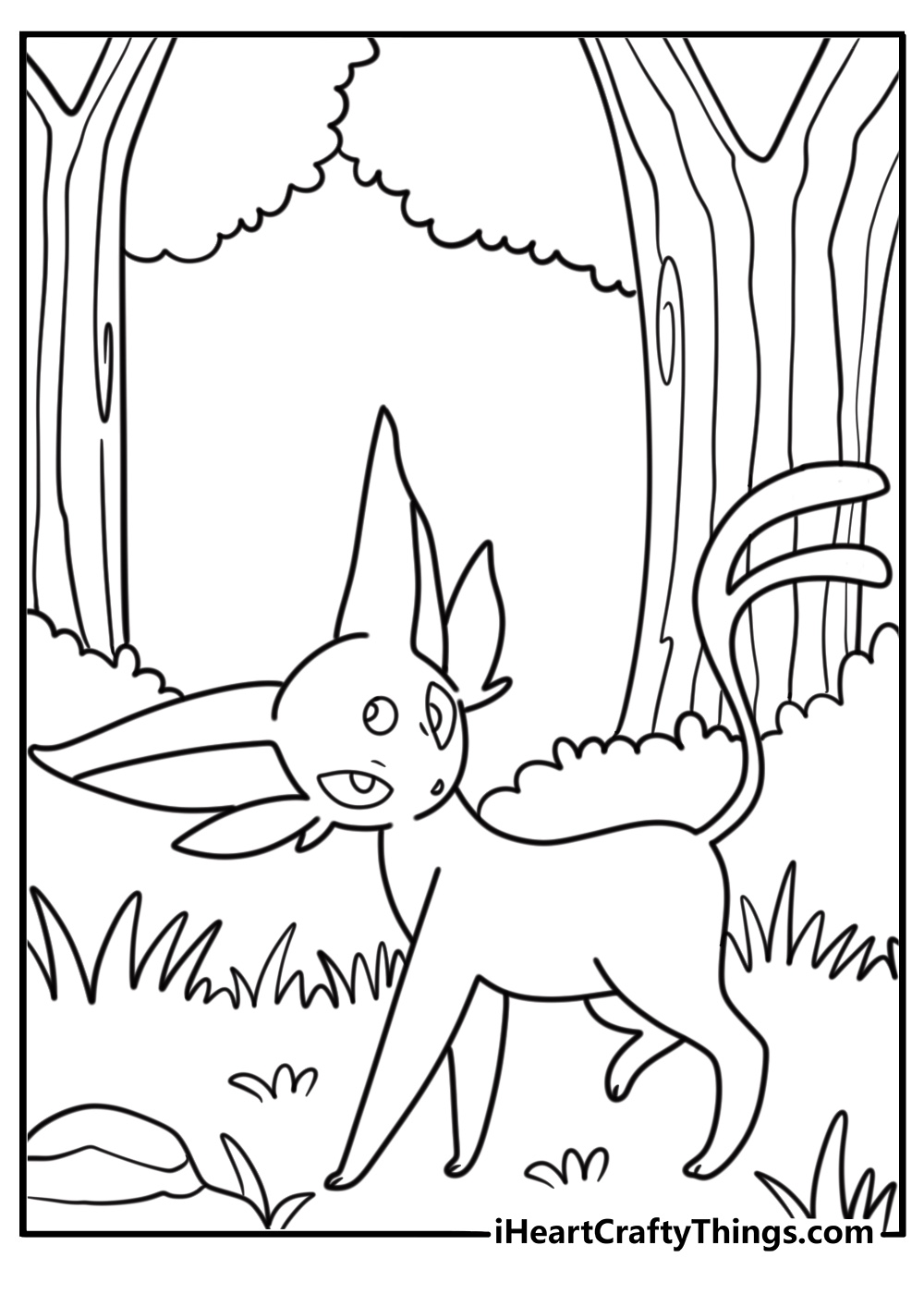 Espeon walking through a forest path free detailed coloring page