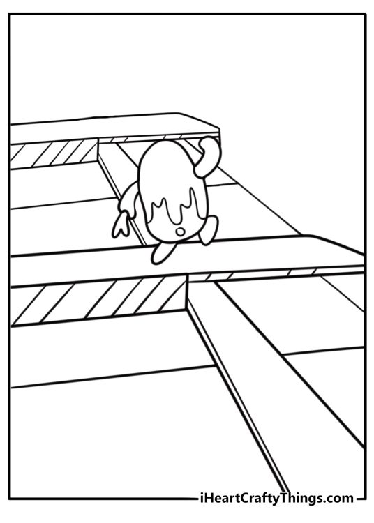 Fall Guy balancing on seesaw platform free coloring page pdf
