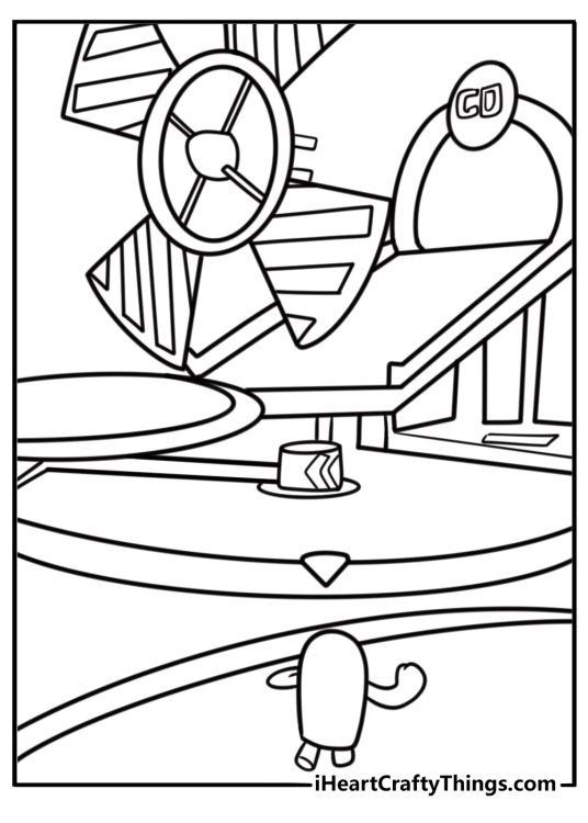 Fall Guy being hit by spinning bar in whirlygig level coloring sheet
