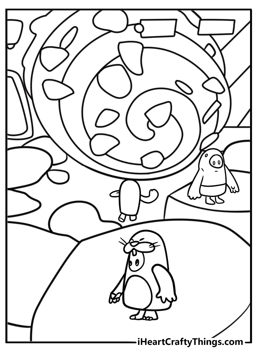 Fall Guy being pushed by snowball in snowy scrap team game coloring page