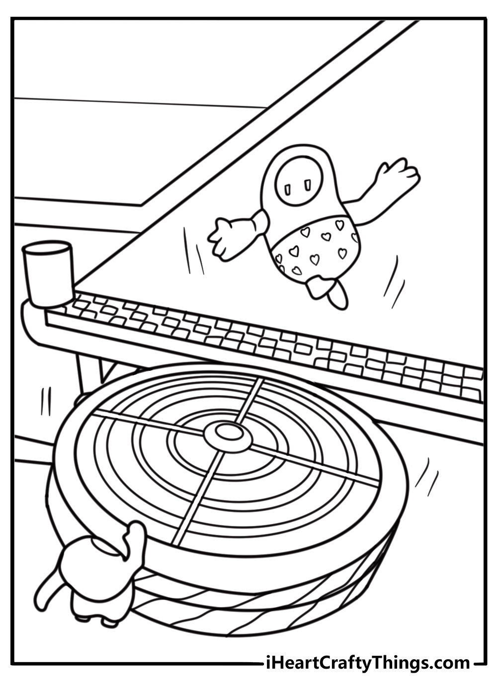 Fall Guy flying through air using fan boost free coloring page pdf