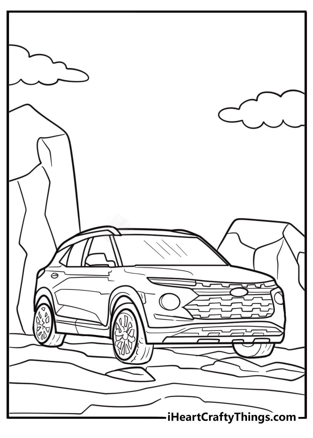 Ford Bronco off roading in the mountains coloring page