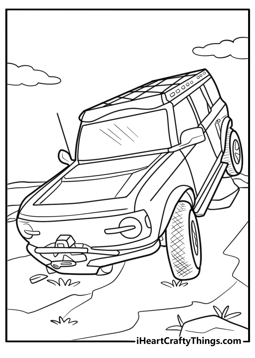 Ford Bronco with a roof rack on an adventure trail coloring page