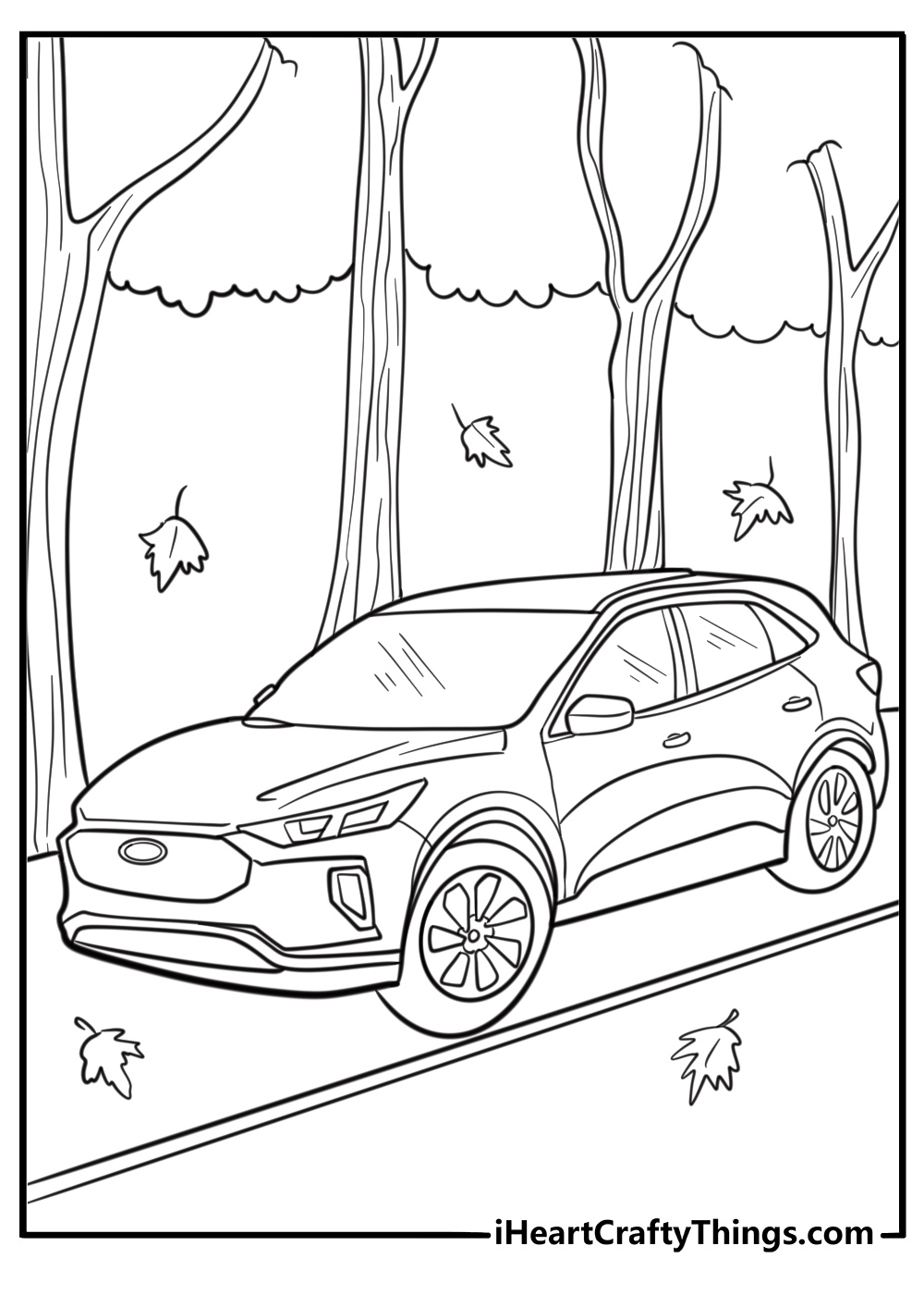 Ford Escape driving through autumn leaves coloring page