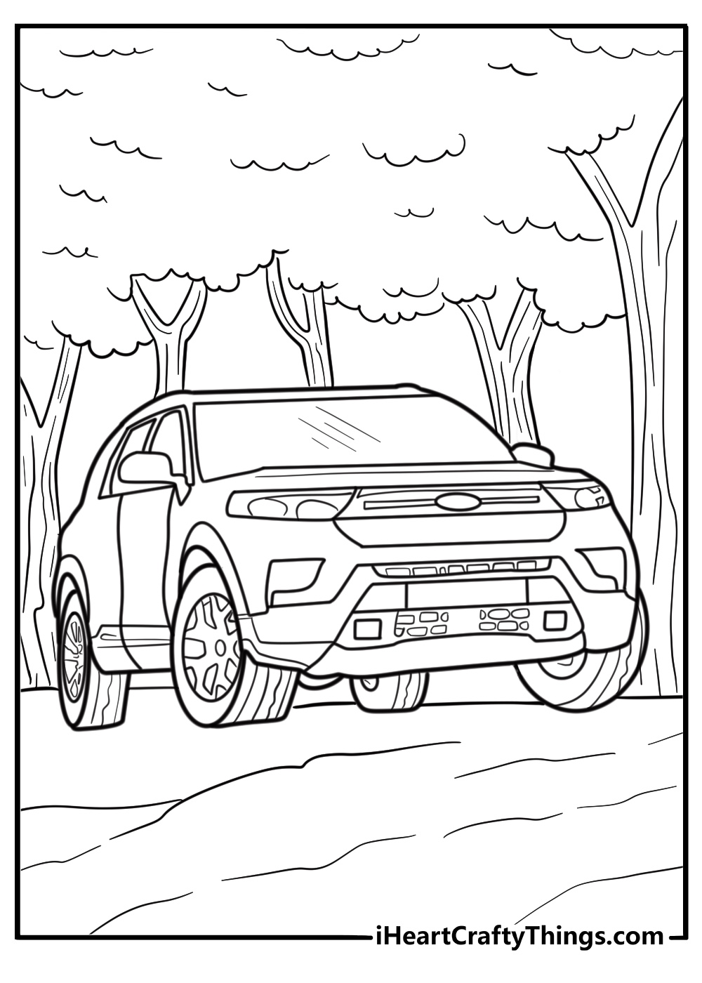 Ford Explorer SUV in a forest trail coloring page