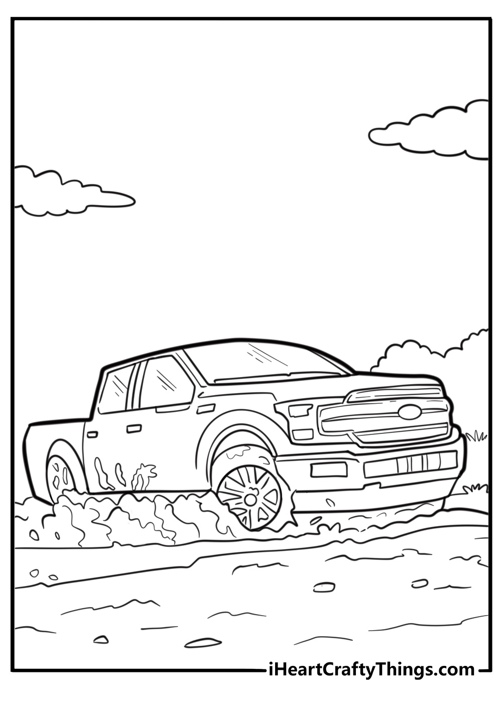Ford F150 driving through mud coloring page