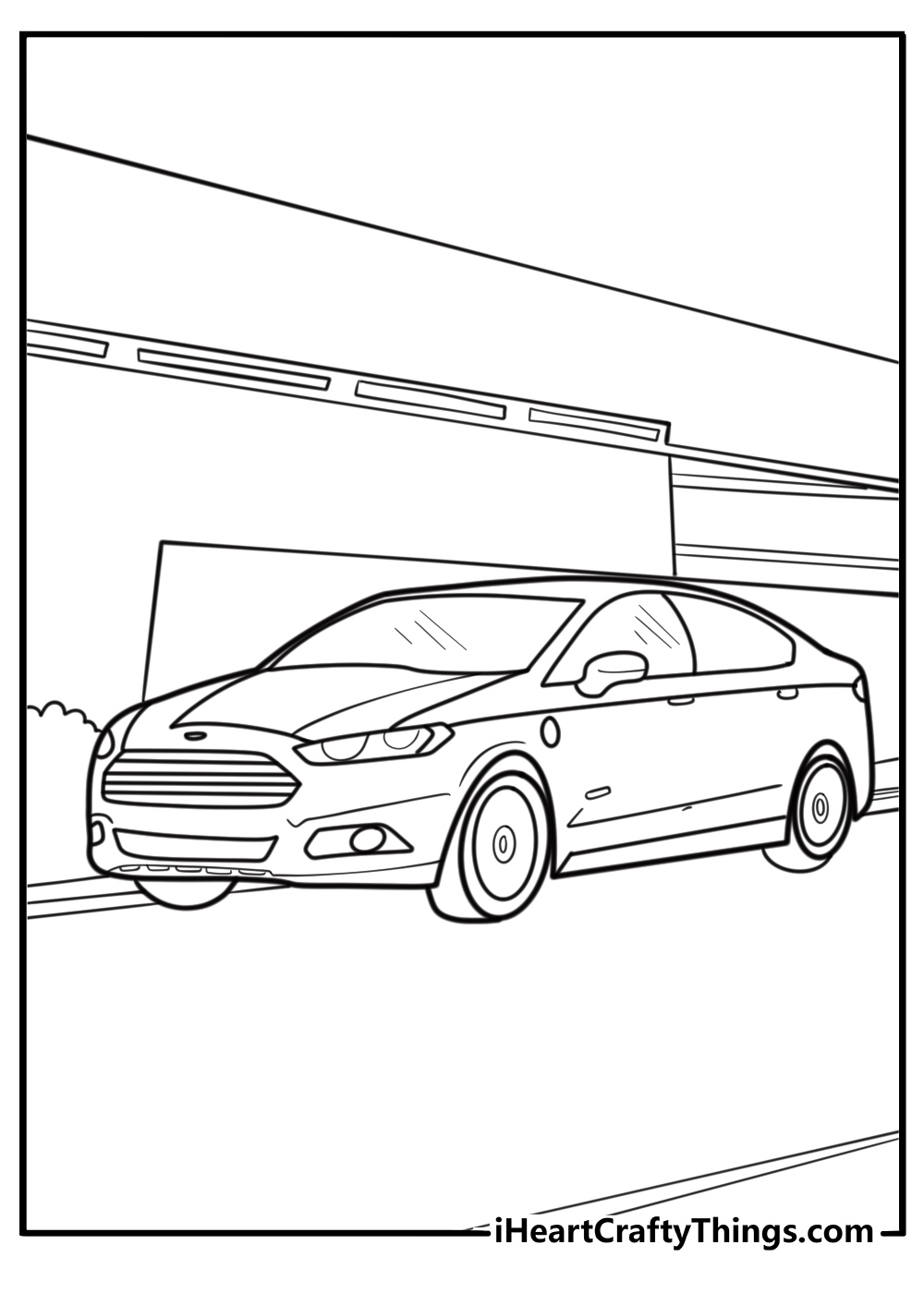 Ford Fusion sedan in front of a building coloring page