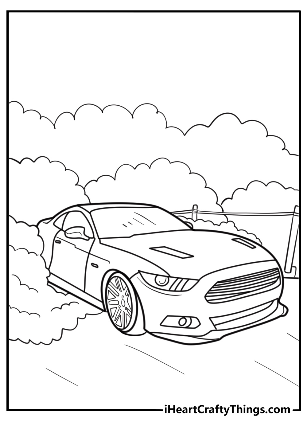 Ford Mustang performing a burnout at a car show coloring page