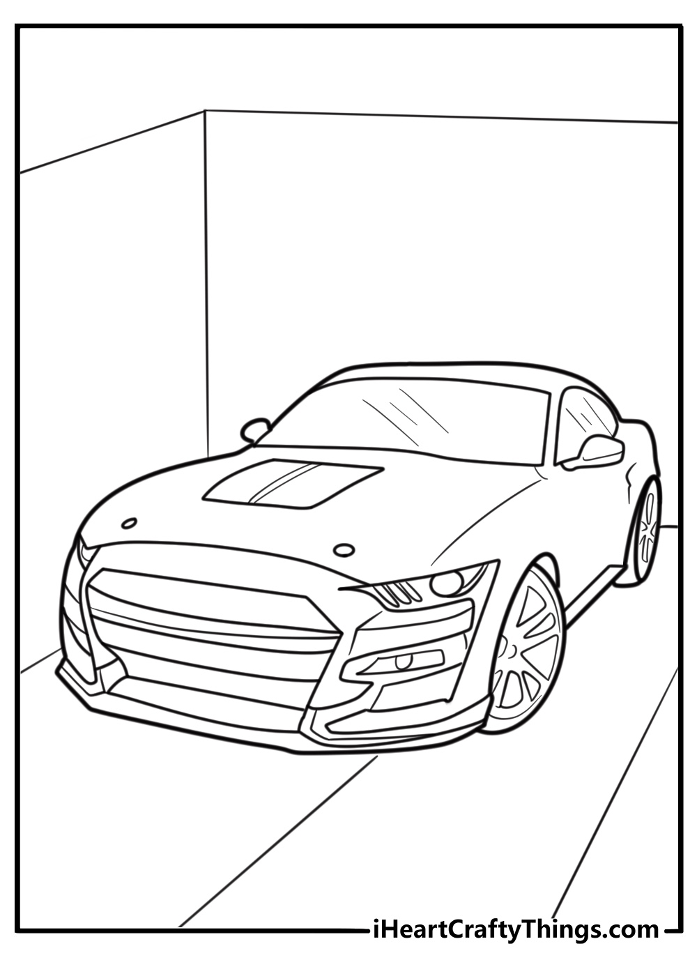 Ford Mustang Shelby GT500 parked in a garage coloring page