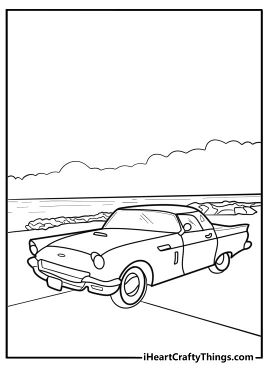 Ford Thunderbird classic convertible at the beach coloring page