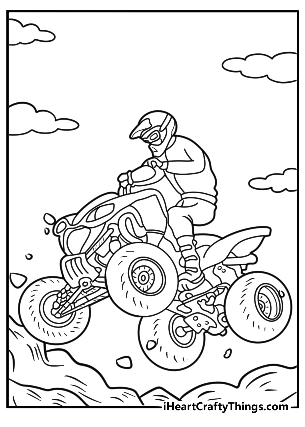 Four wheeler on a dirt trail coloring sheet