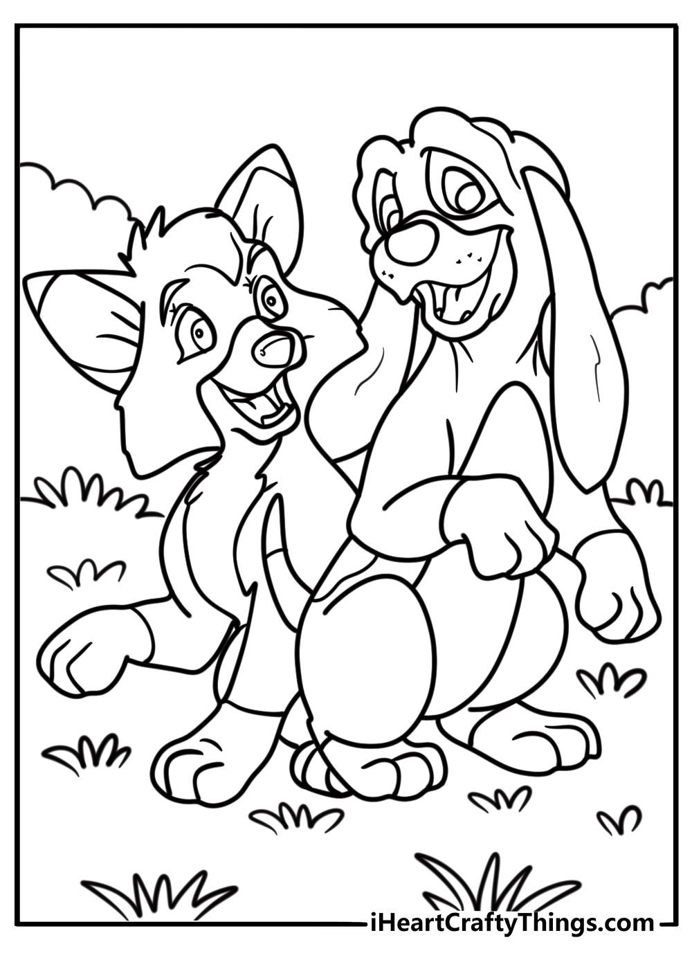 Fox and the Hound coloring page with Tod and Copper sitting in the grass