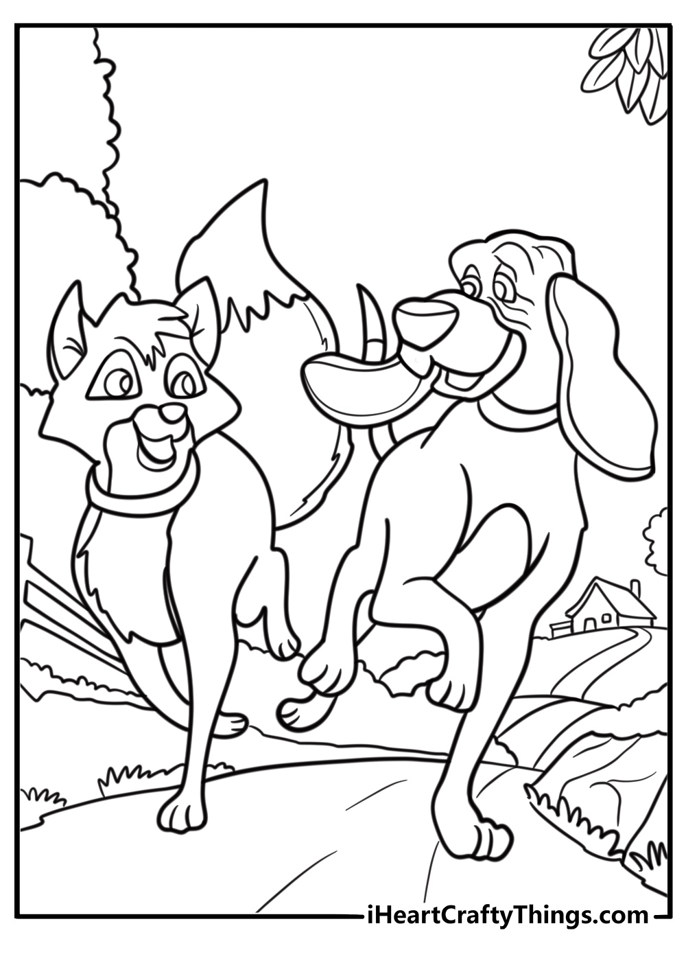 Fox and the Hound friends meeting at the fence as adults coloring page
