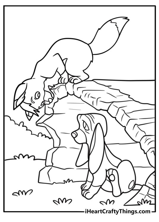 Fox and the Hound friends playing near a log coloring page
