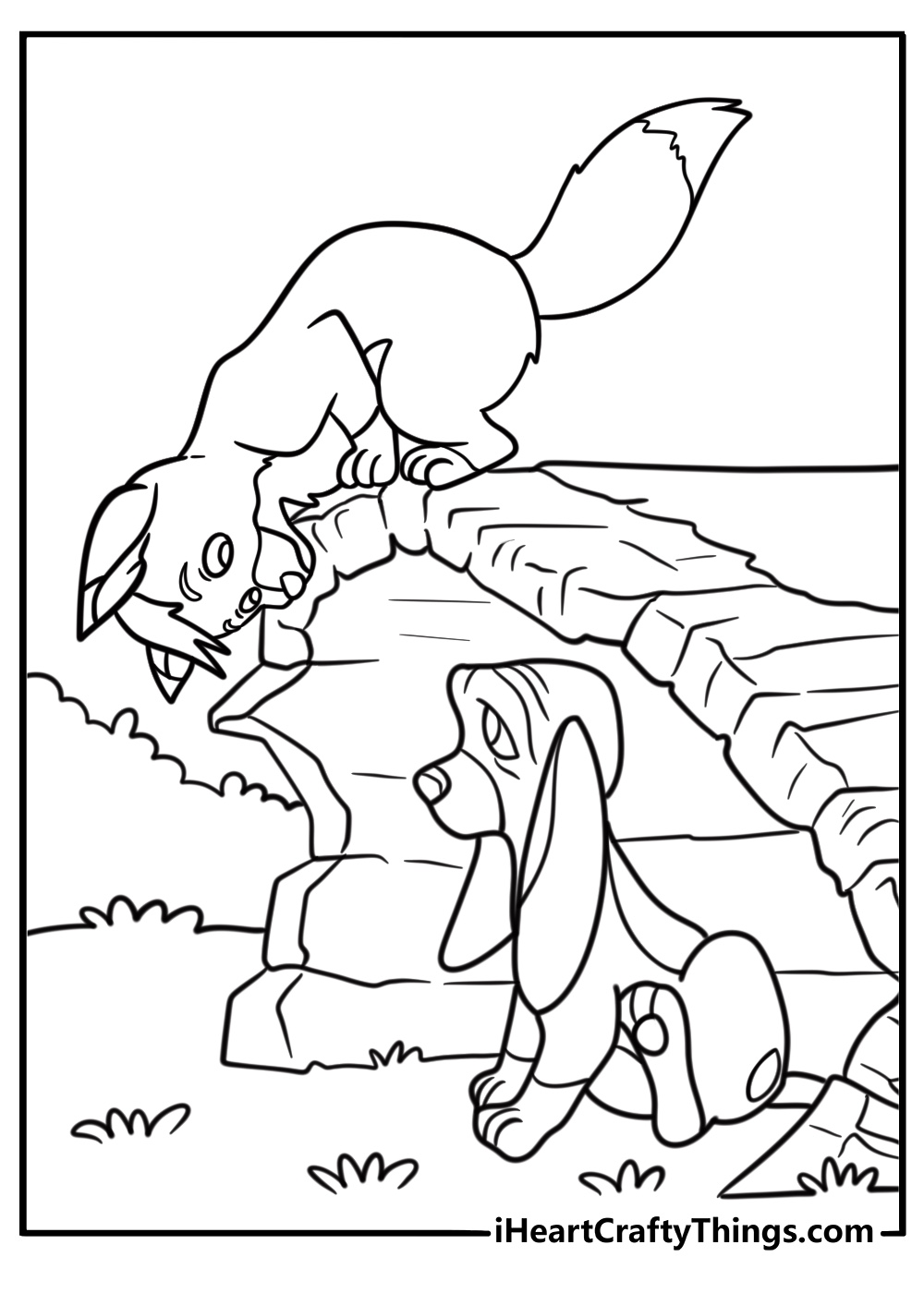 Fox and the Hound friends playing near a log coloring page