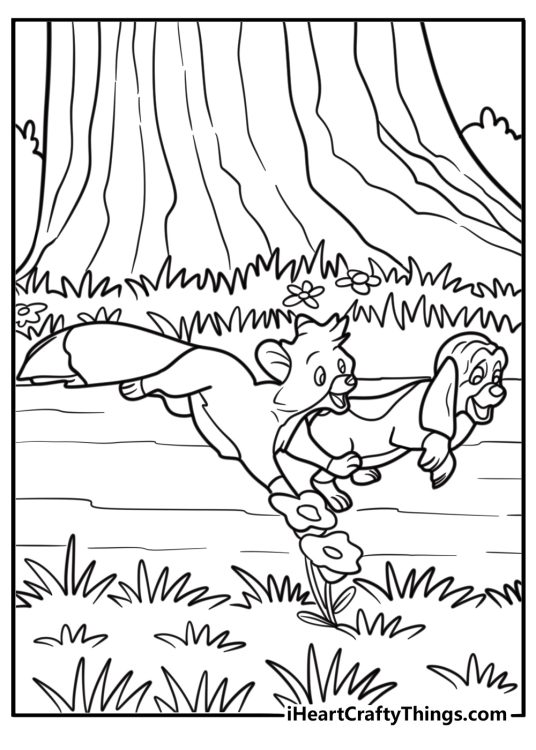 Fox and the Hound scene with Tod running through the trees coloring page