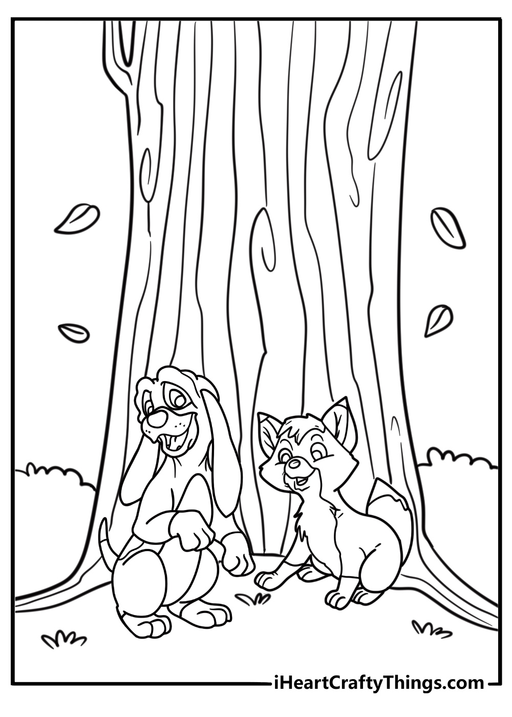 Fox and the Hound sitting quietly under a tree coloring page