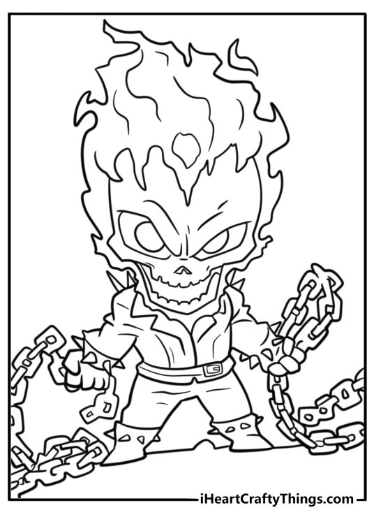 Ghost Rider breaking chains while engulfed in flames fun coloring sheet