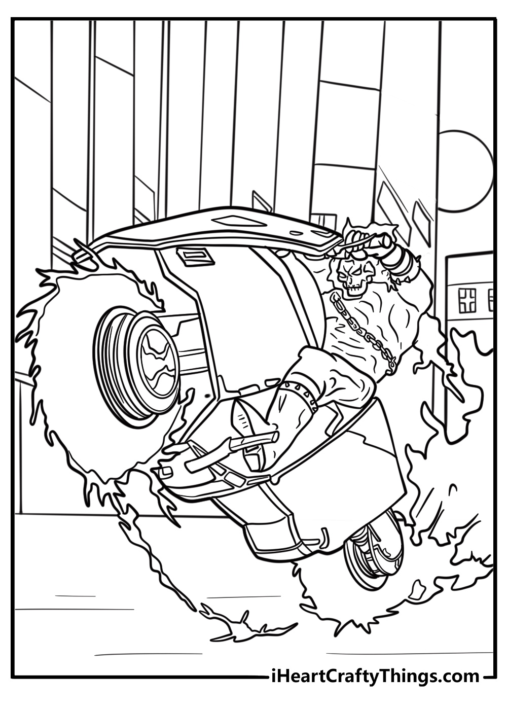 Ghost Rider chasing enemies with fire trail behind detailed coloring sheet