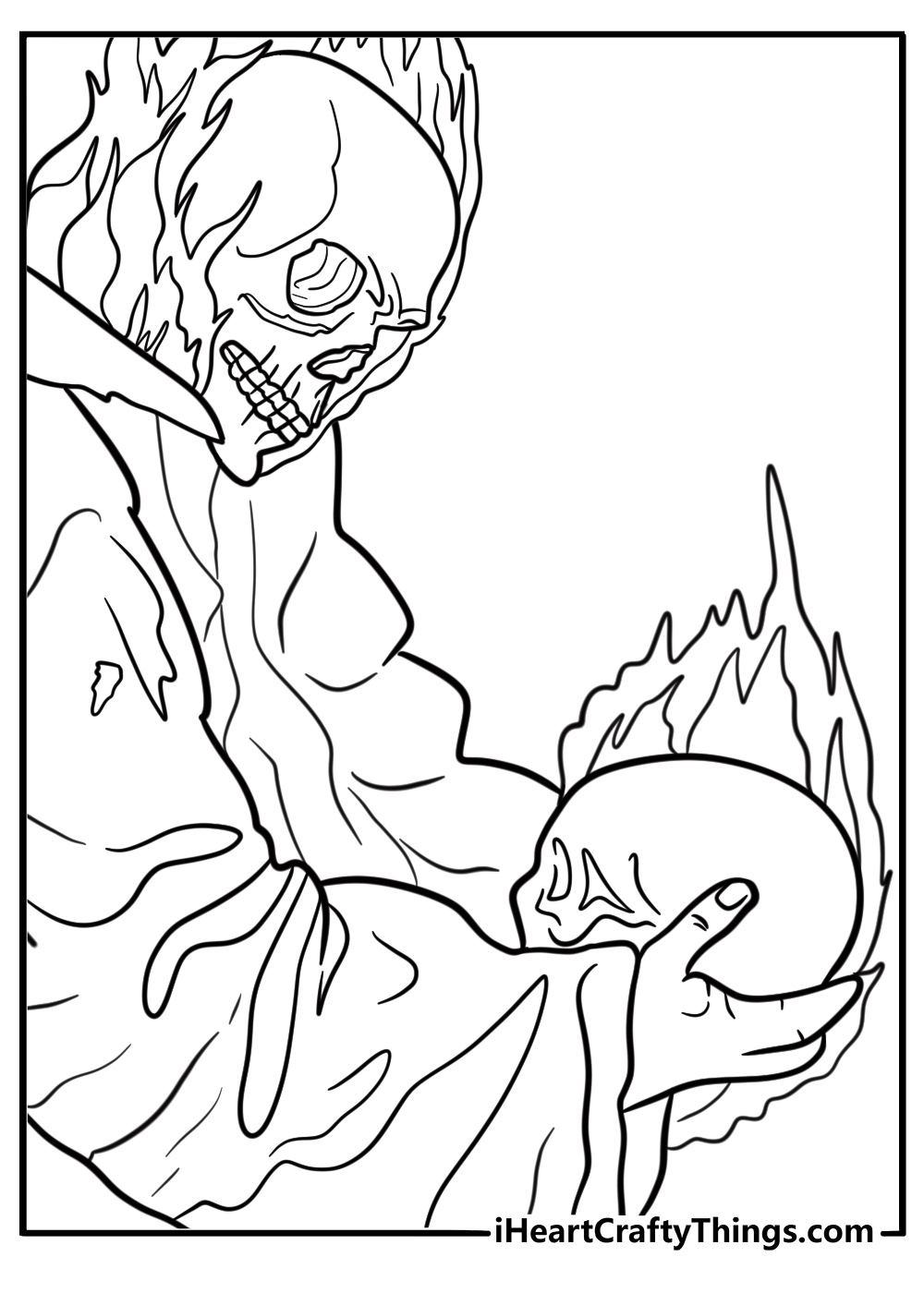 Ghost Rider holding a flaming skull coloring page