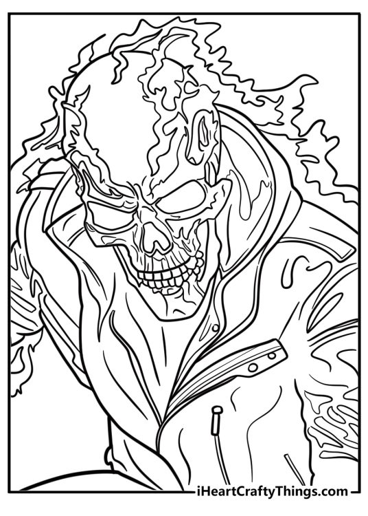 Ghost Rider in leather jacket with flames fun printable coloring sheet