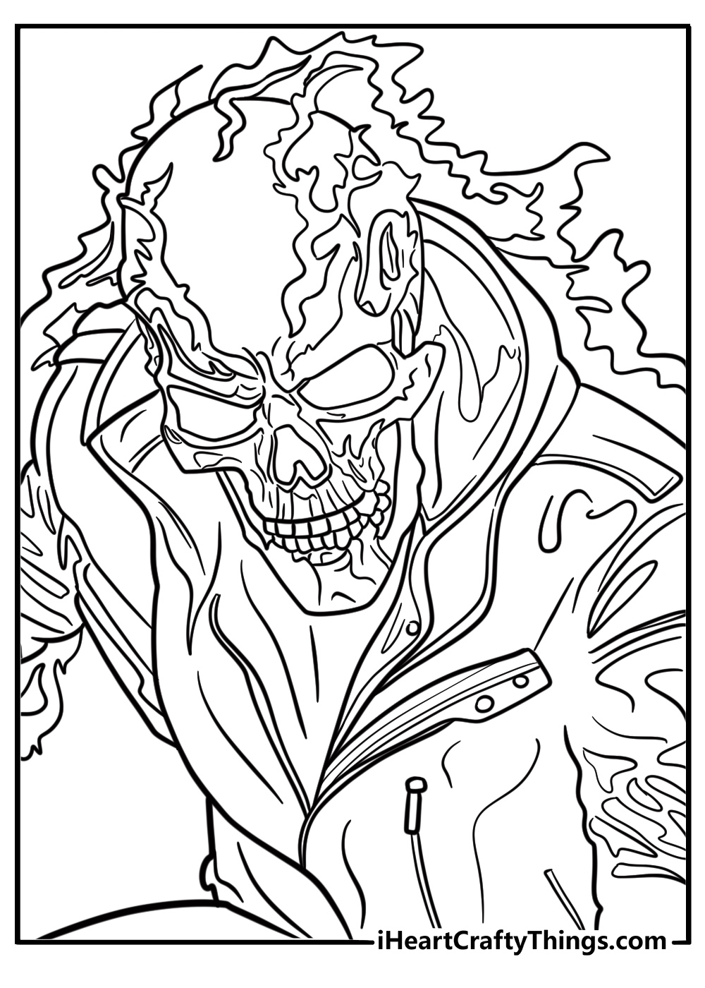 Ghost Rider in leather jacket with flames fun printable coloring sheet
