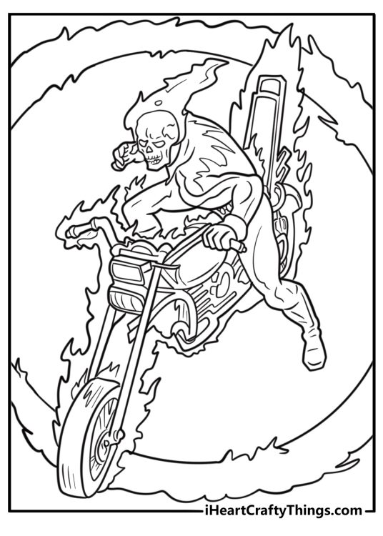 Ghost Rider leaping off a fiery ramp free printable coloring page