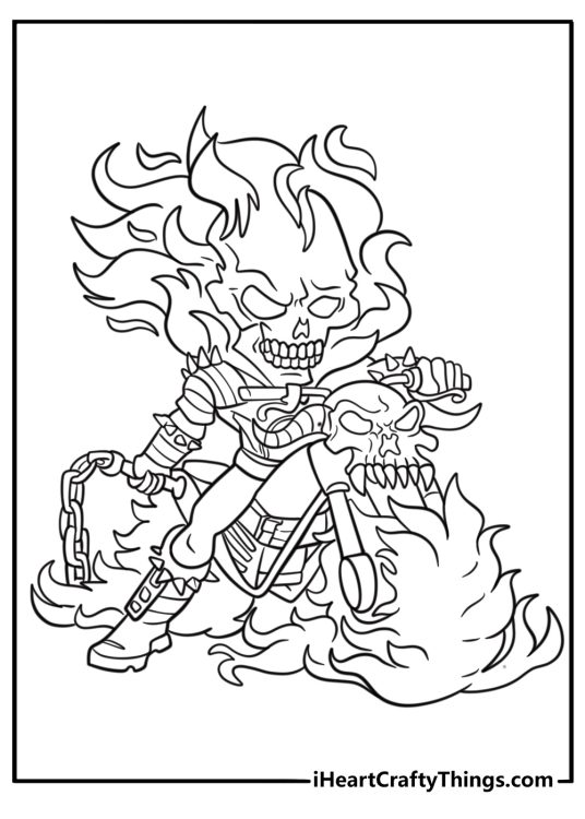 Ghost Rider motorcycle covered in chains and fire fun printable coloring sheet