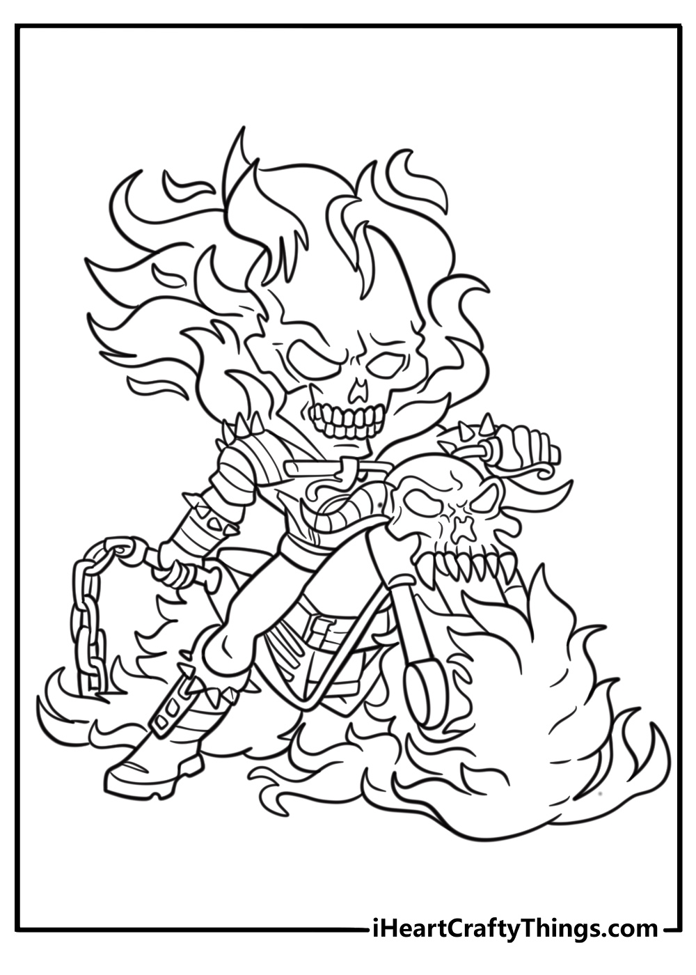 Ghost Rider motorcycle covered in chains and fire fun printable coloring sheet