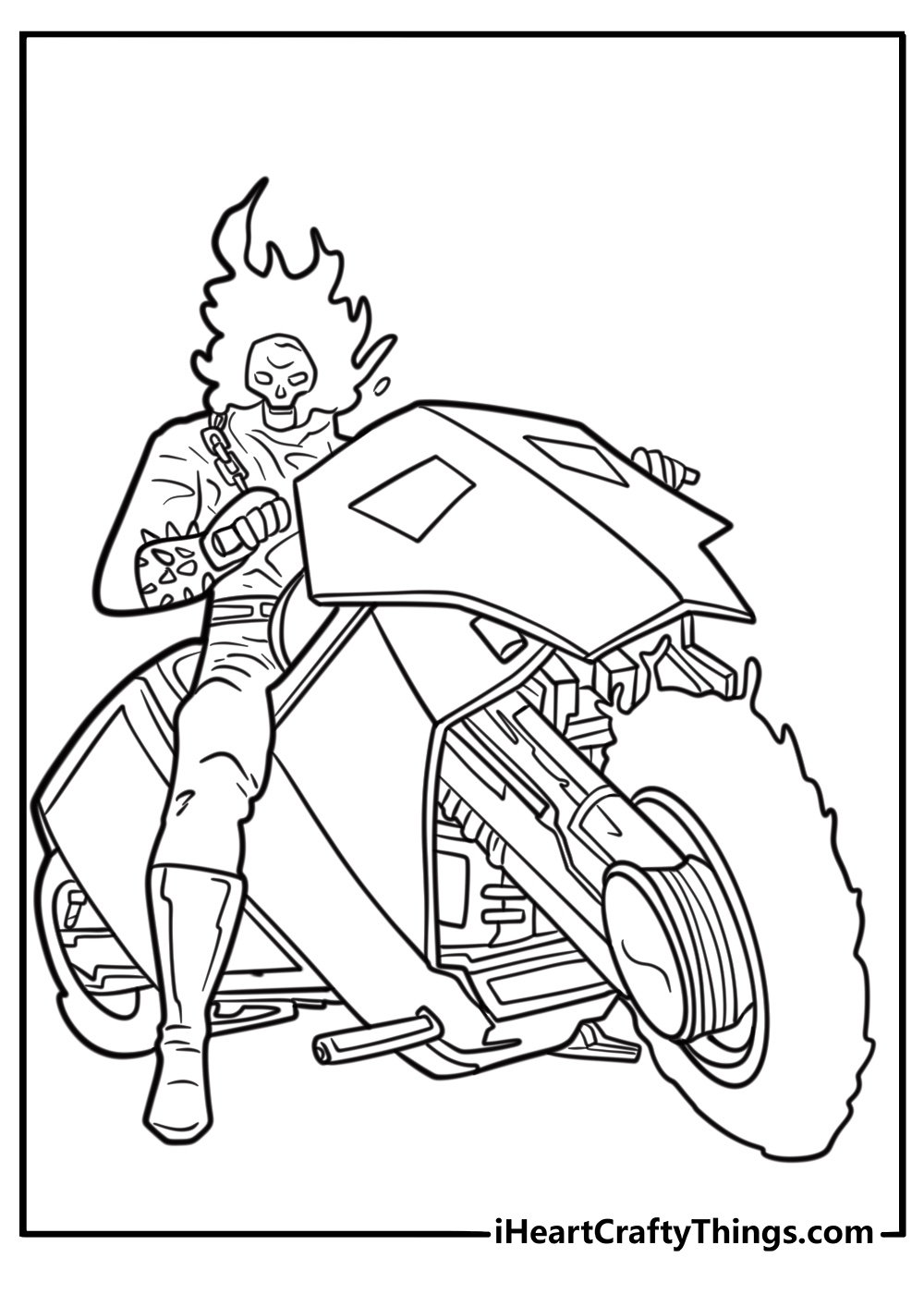 Ghost Rider riding his flaming motorcycle coloring page