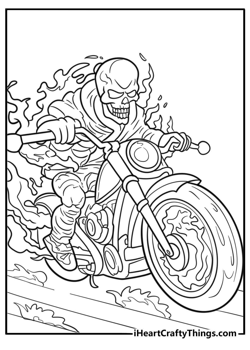 Ghost Rider riding through a wall of flames coloring page