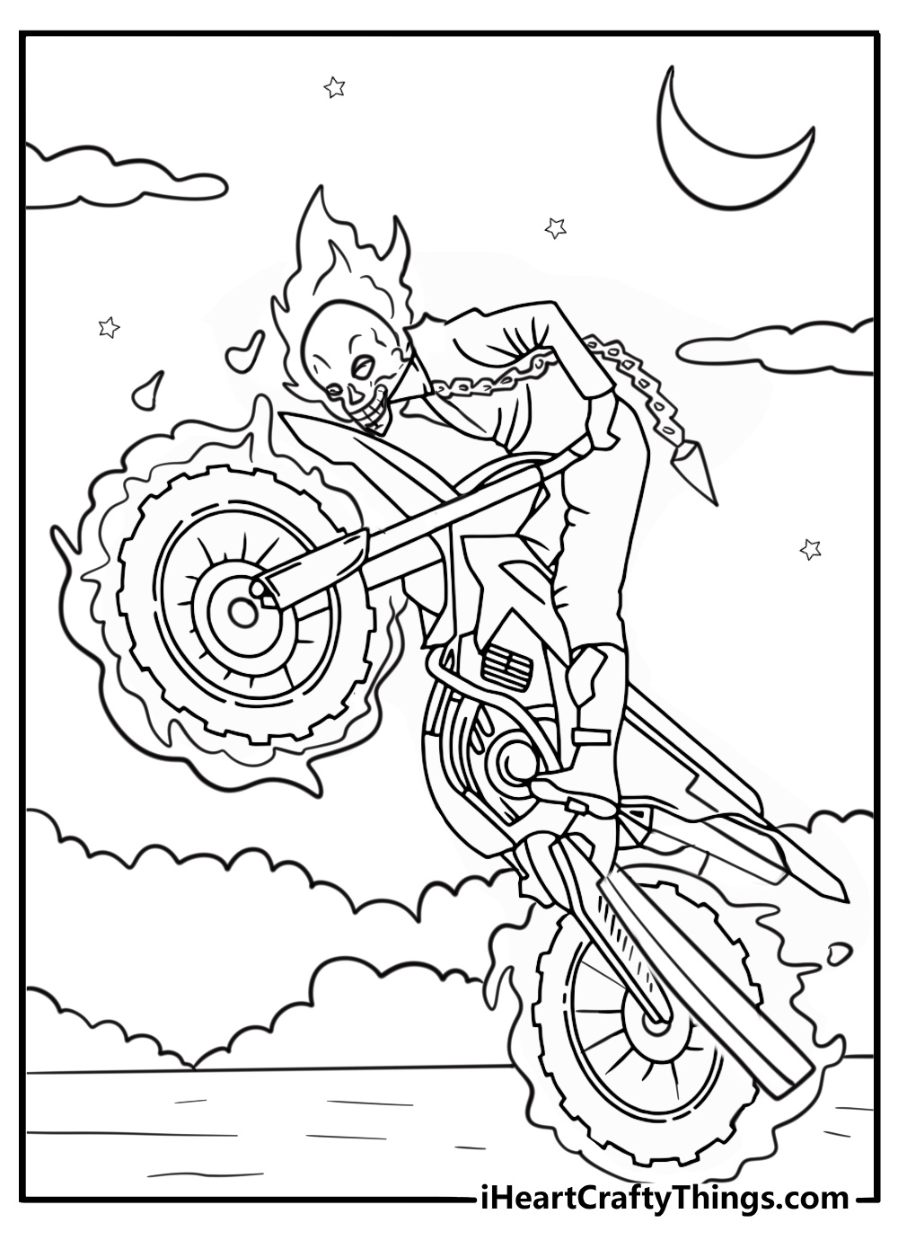 Ghost Rider roaring down a dark highway on fire free coloring page pdf