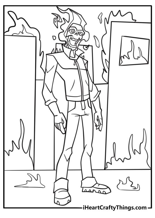Ghost Rider standing in the middle of a burning street coloring page