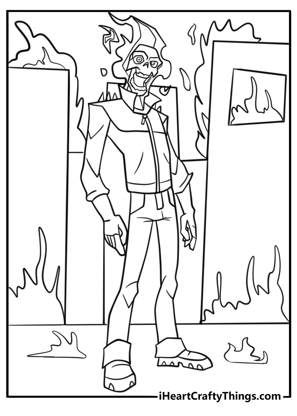 Ghost Rider standing in the middle of a burning street coloring page