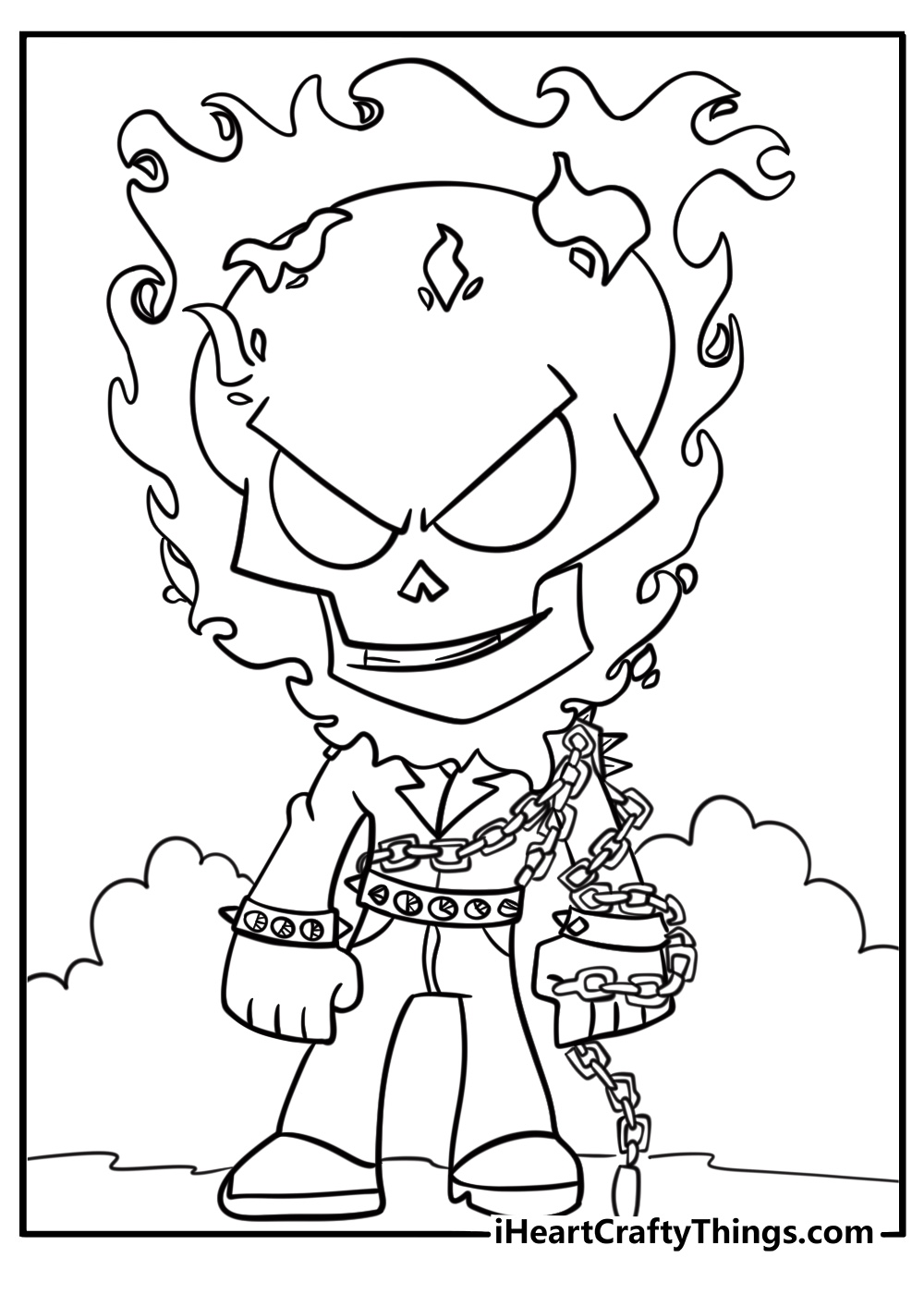 Ghost Rider standing with chain wrapped around arms detailed coloring sheet