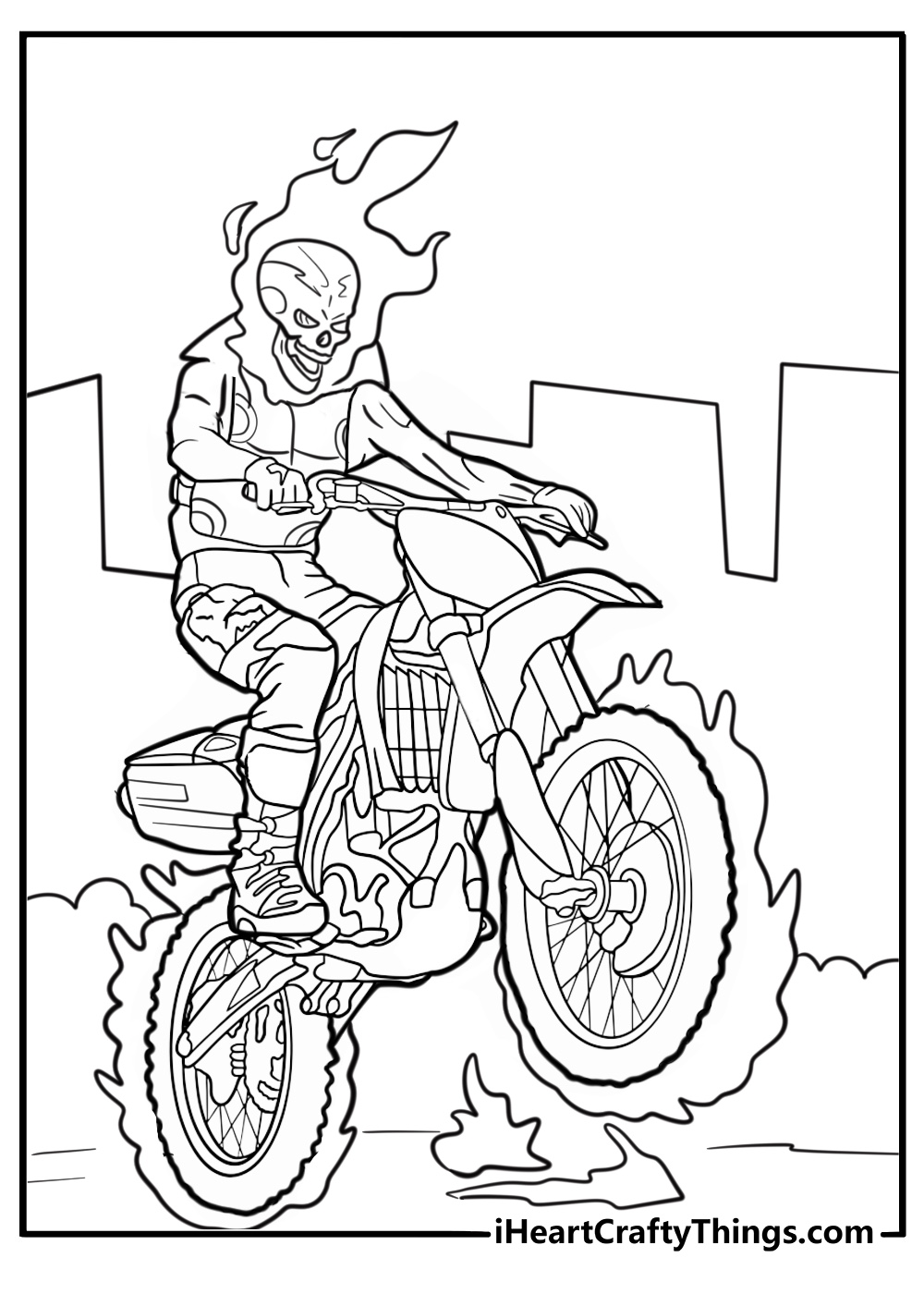 Ghost Rider surrounded by smoke and fire fun coloring sheet