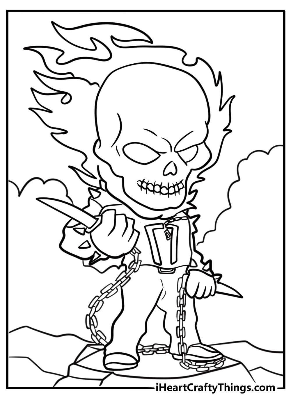 Ghost Rider transforming into fiery skeleton free printable coloring page