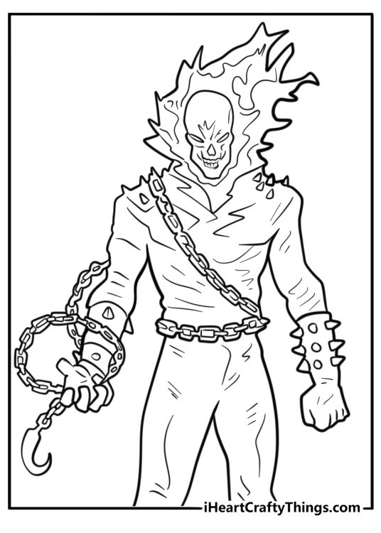 Ghost Rider with blazing eyes staring forward free coloring page pdf