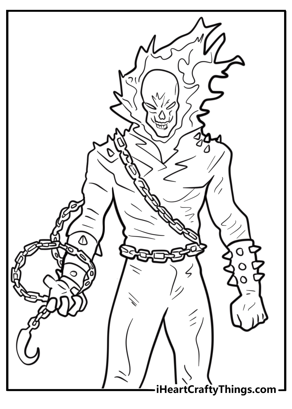 Ghost Rider with blazing eyes staring forward free coloring page pdf