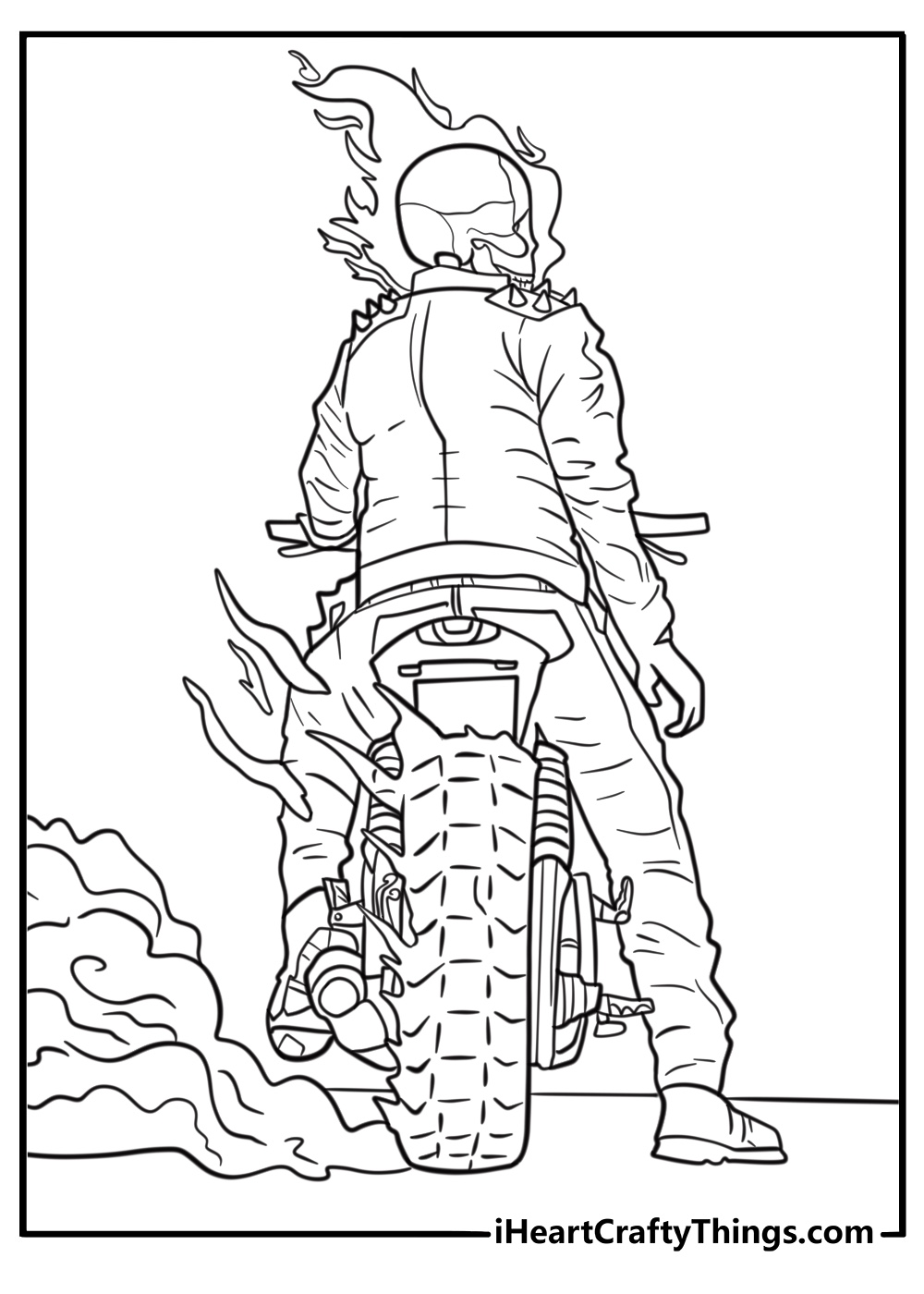 Ghost Rider with burning wheels speeding down the highway coloring page
