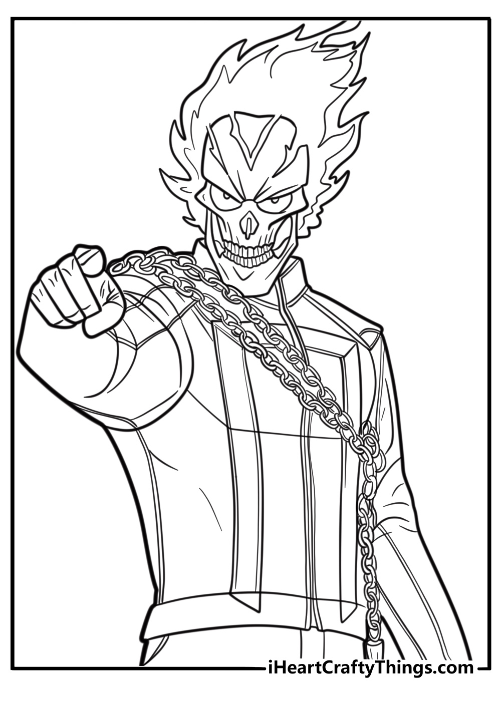 Ghost Rider with skull on fire detailed coloring sheet