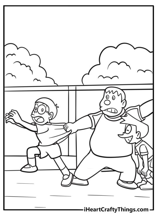 Gian and Suneo teasing Nobita coloring page