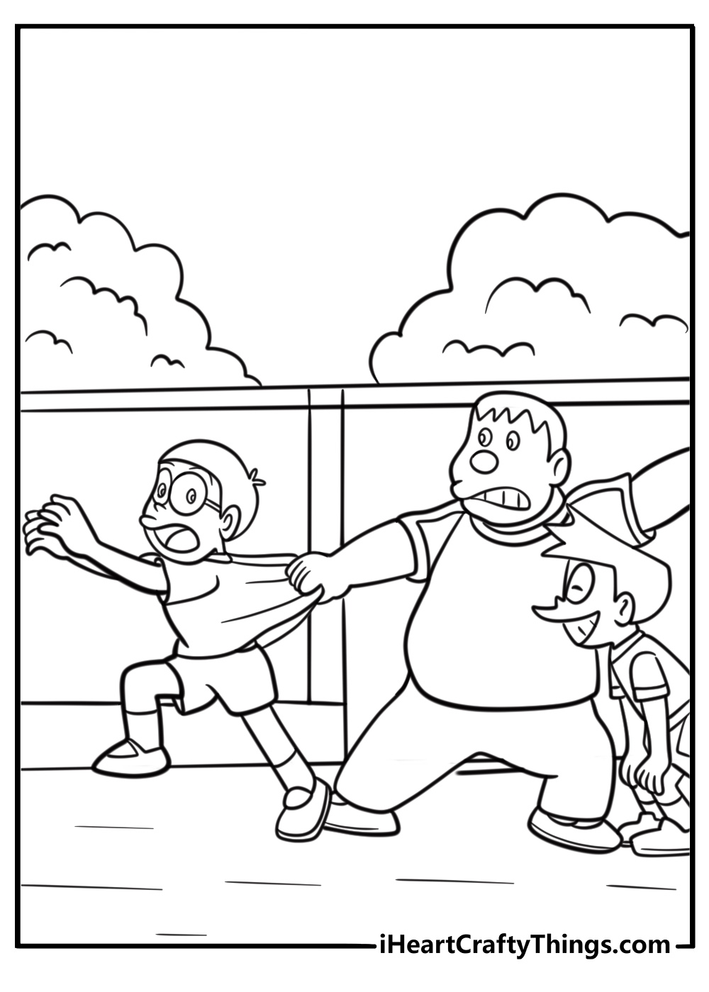Gian and Suneo teasing Nobita coloring page