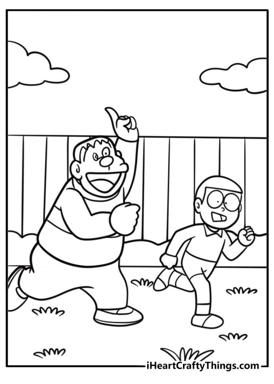 Gian chasing Nobita coloring page