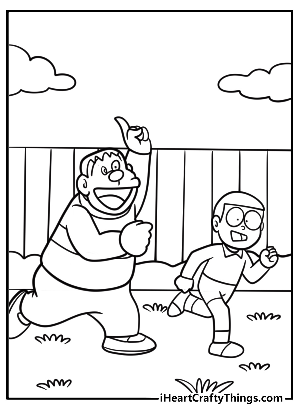 Gian chasing Nobita coloring page