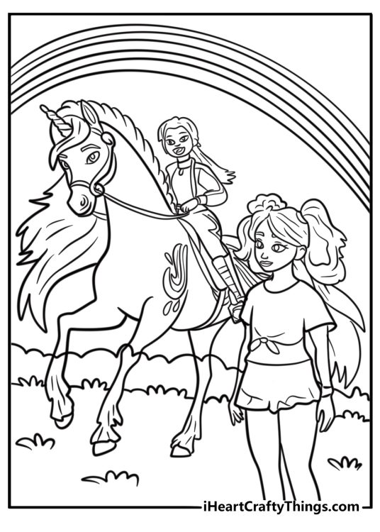 Girls training with their unicorn partners in the arena coloring sheet