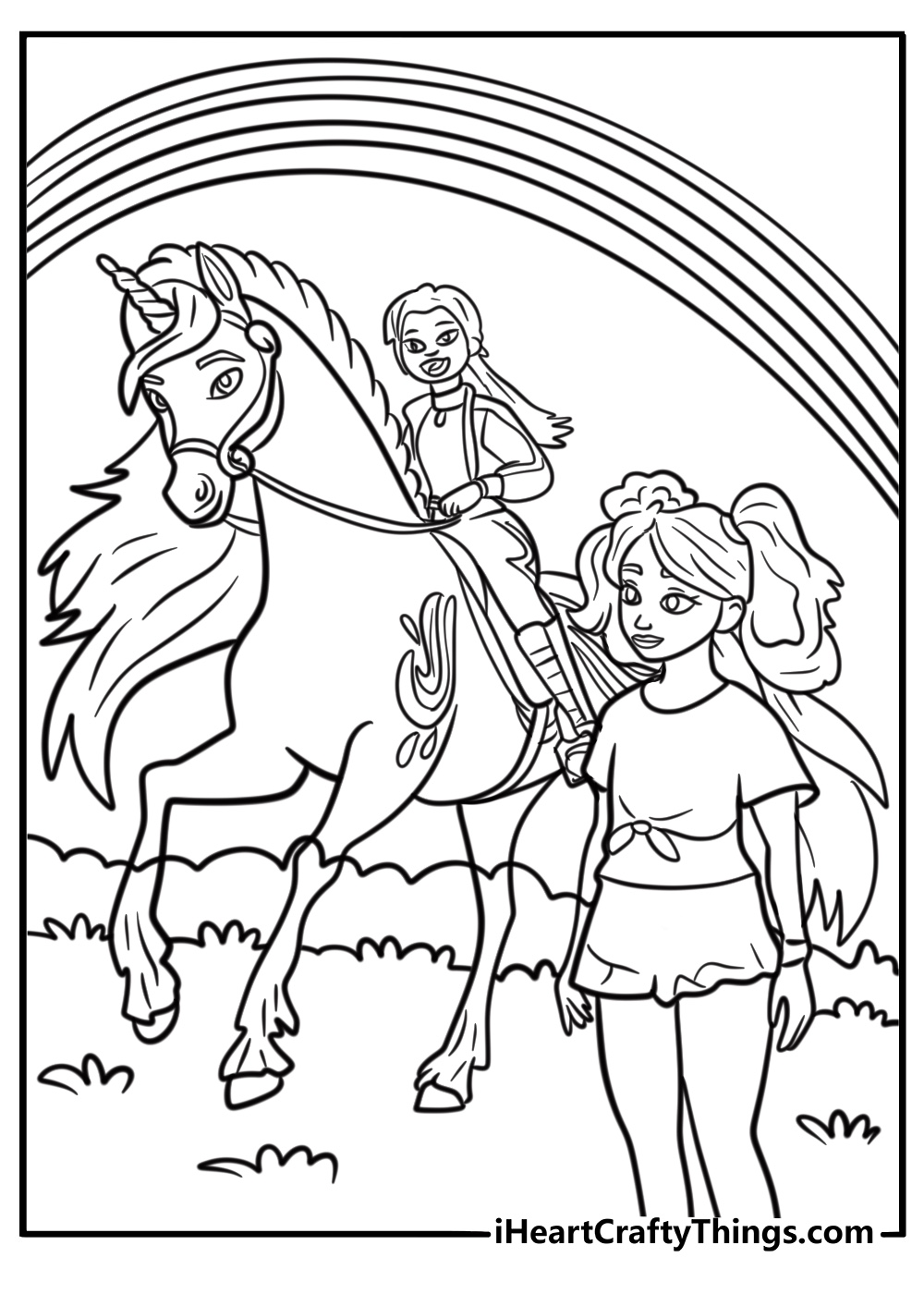 Girls training with their unicorn partners in the arena coloring sheet