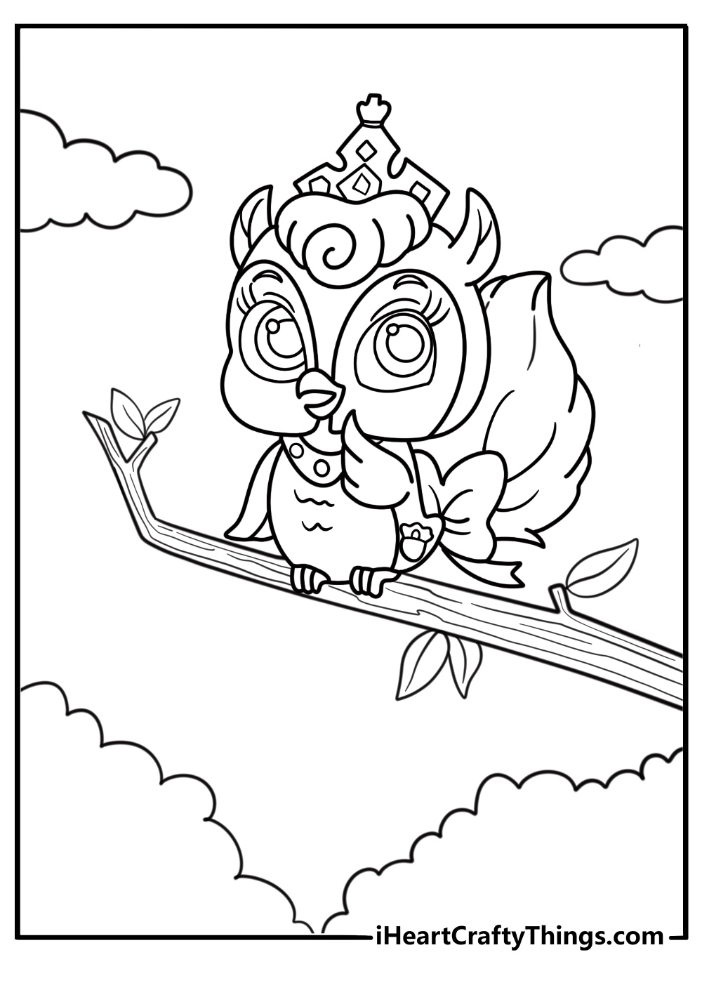 Gleam the owl perched on a tree branch printable coloring sheet