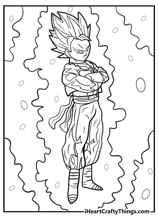 Gogeta with arms crossed and aura flaring coloring sheet